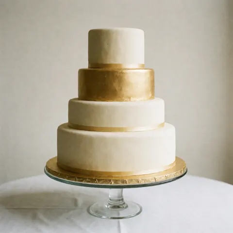 Gâteau de mariage à cinq étages en glaçage blanc avec des détails dorés sur un support en verre, idéal pour les événements et les mariages.