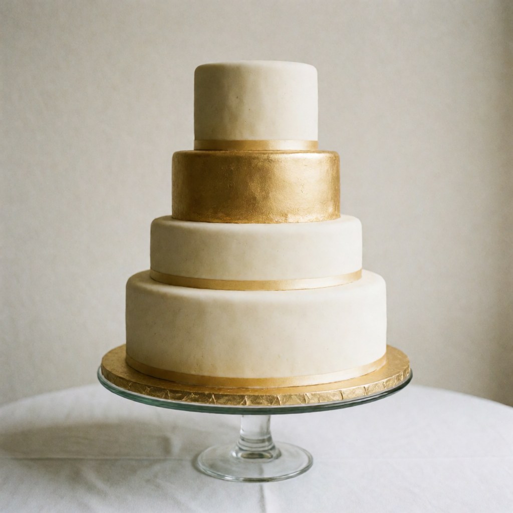 Gâteau de mariage à cinq étages en glaçage blanc avec des détails dorés sur un support en verre, idéal pour les événements et les mariages.