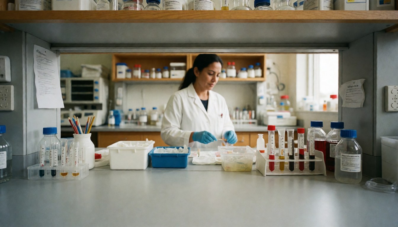 Une technicienne de laboratoire manipule des tubes à essai et des équipements médicaux dans un environnement propre et professionnel.