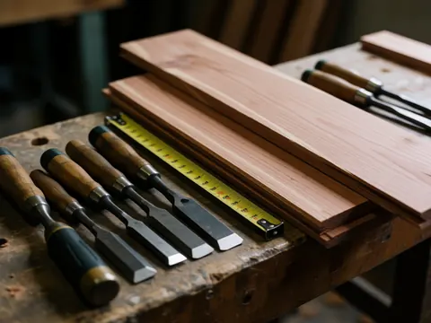 Outils de menuiserie tels que des ciseaux à bois et un mètre ruban posés sur des planches de cèdre sur un établi en bois.