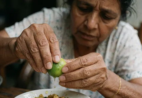 Une femme presse du jus de citron frais sur un plat de nourriture, avec des mains ridées concentrées sur l'action.