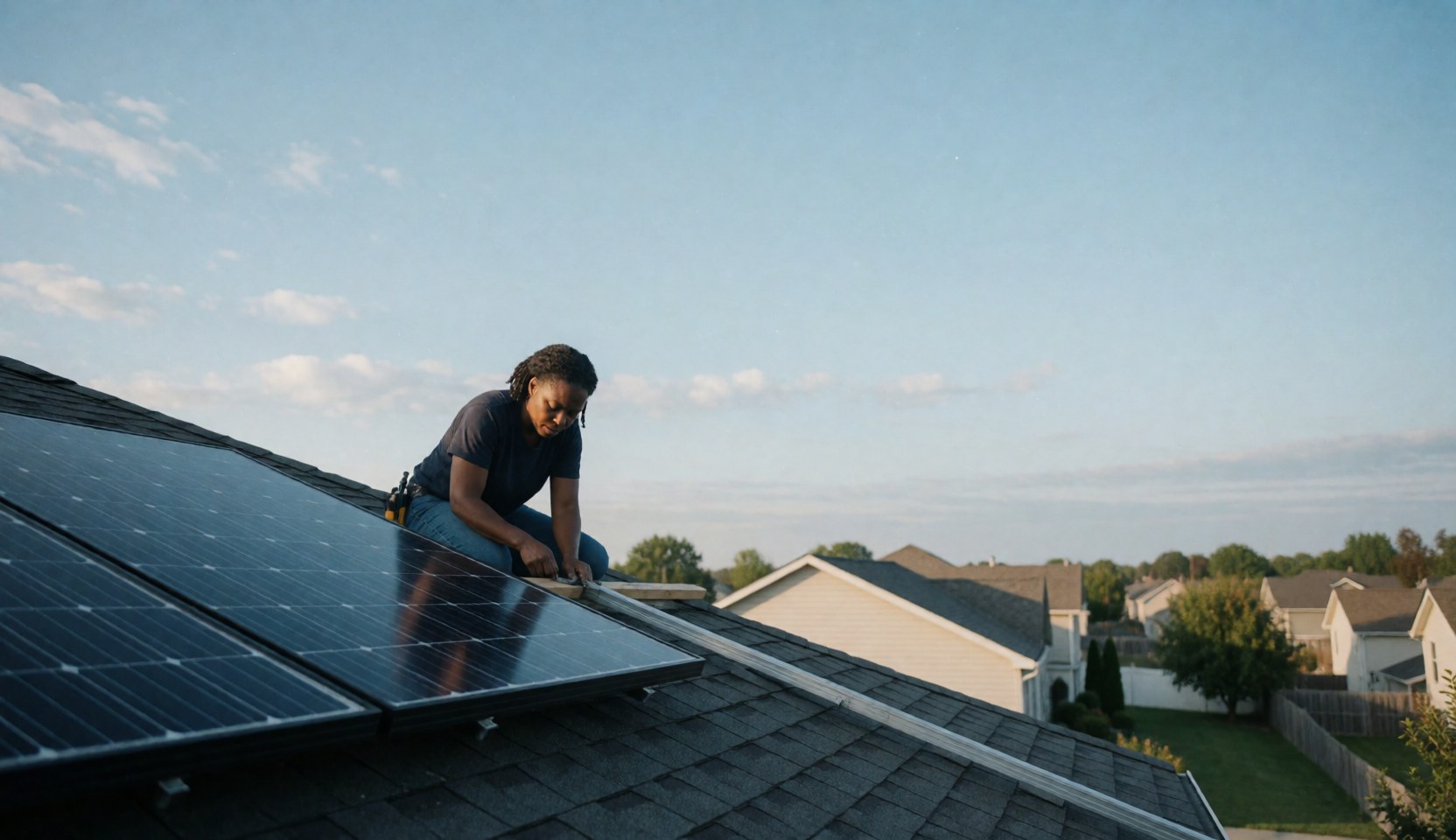 Un technicien professionnel installe des panneaux solaires sur le toit d'une maison avec un ciel bleu et un quartier résidentiel en arrière-plan.