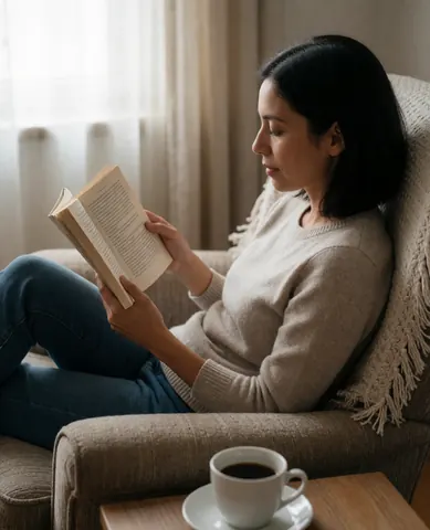 Une femme lit un livre dans un fauteuil confortable, une tasse de café à côté, baignée de lumière naturelle douce.
