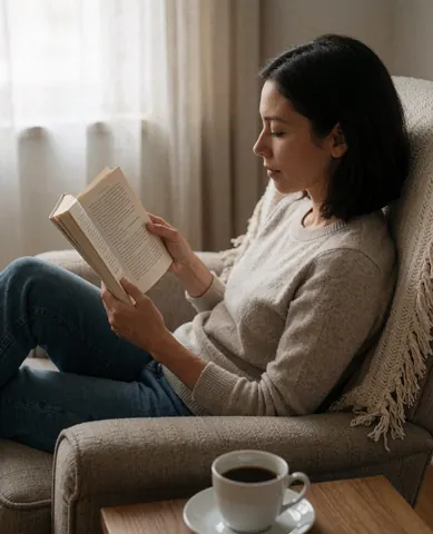Une femme lit un livre dans un fauteuil confortable, une tasse de café à côté, baignée de lumière naturelle douce.