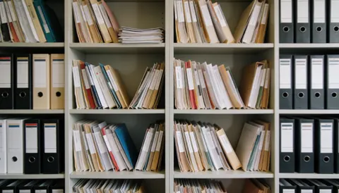 Étagères remplies de dossiers et de documents dans un bureau d'assurance, offrant un fond professionnel adapté à l'ajout de texte.