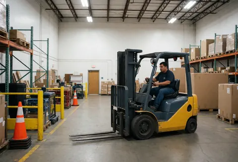 Un employé manœuvre un chariot élévateur au sein d'un entrepôt dédié aux déménagements, entouré d'étagères, de cônes de signalisation et de cartons sous un éclairage industriel.