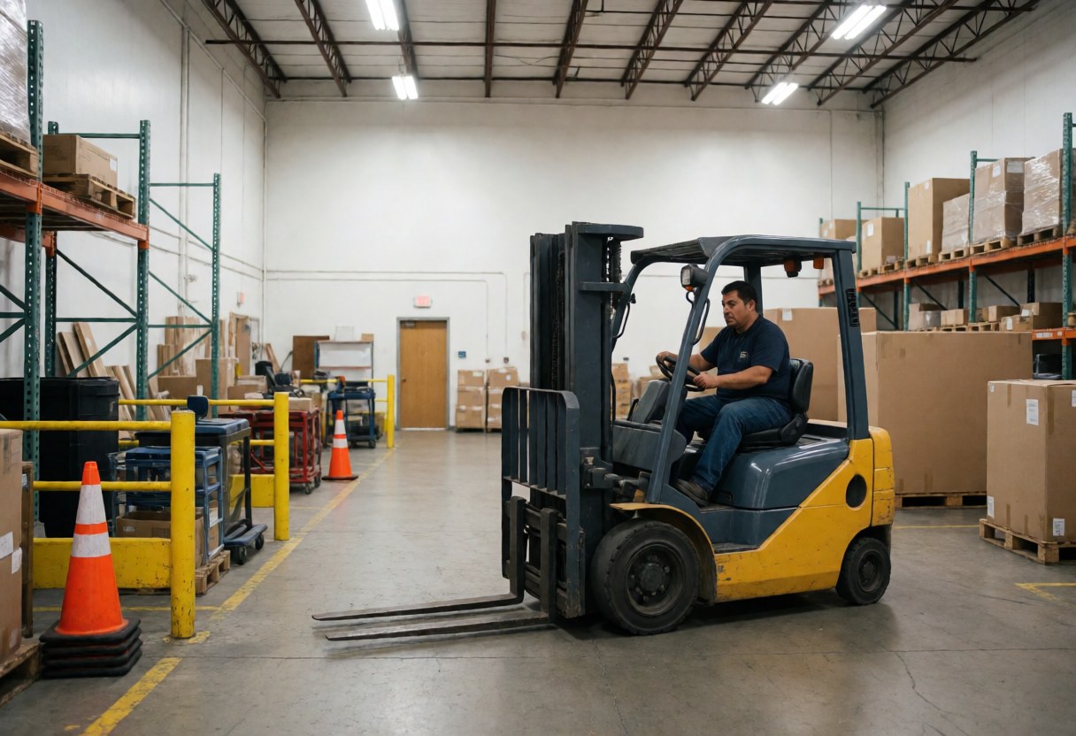 Un employé manœuvre un chariot élévateur au sein d'un entrepôt dédié aux déménagements, entouré d'étagères, de cônes de signalisation et de cartons sous un éclairage industriel.