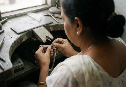 Une femme âgée polissant une chaîne en argent dans son atelier de joaillerie, entourée d'outils et baignée de lumière naturelle.