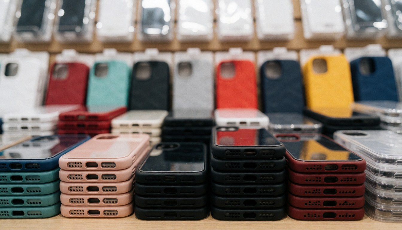 Arrière-plan de téléphone avec des coques colorées et floues, idéal pour des textes publicitaires dans les magasins de technologie.