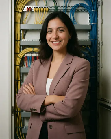 Ingénieure réseau souriante, bras croisés devant un panneau de câbles organisés, vêtue d'un blazer dans un environnement professionnel de support technique.
