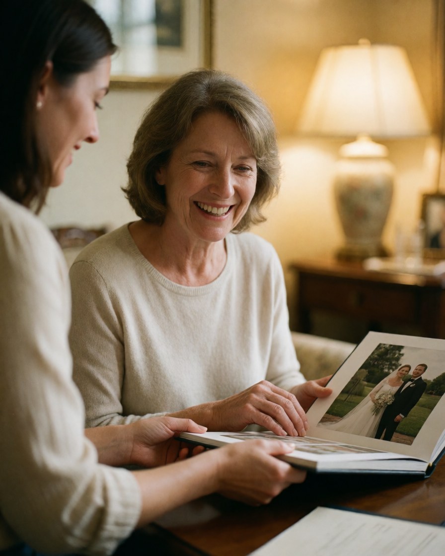 Une cliente examine avec satisfaction les photos de son mariage dans un album, accompagnée d'une conseillère lors d'une réunion.