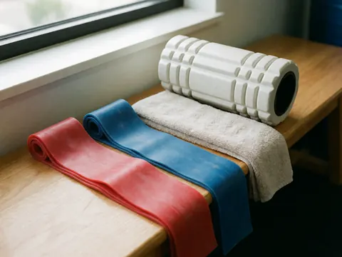 Bandes de résistance, rouleau de massage et serviette disposés sur un banc en bois, éclairés par la lumière naturelle, adaptés aux centres de fitness.