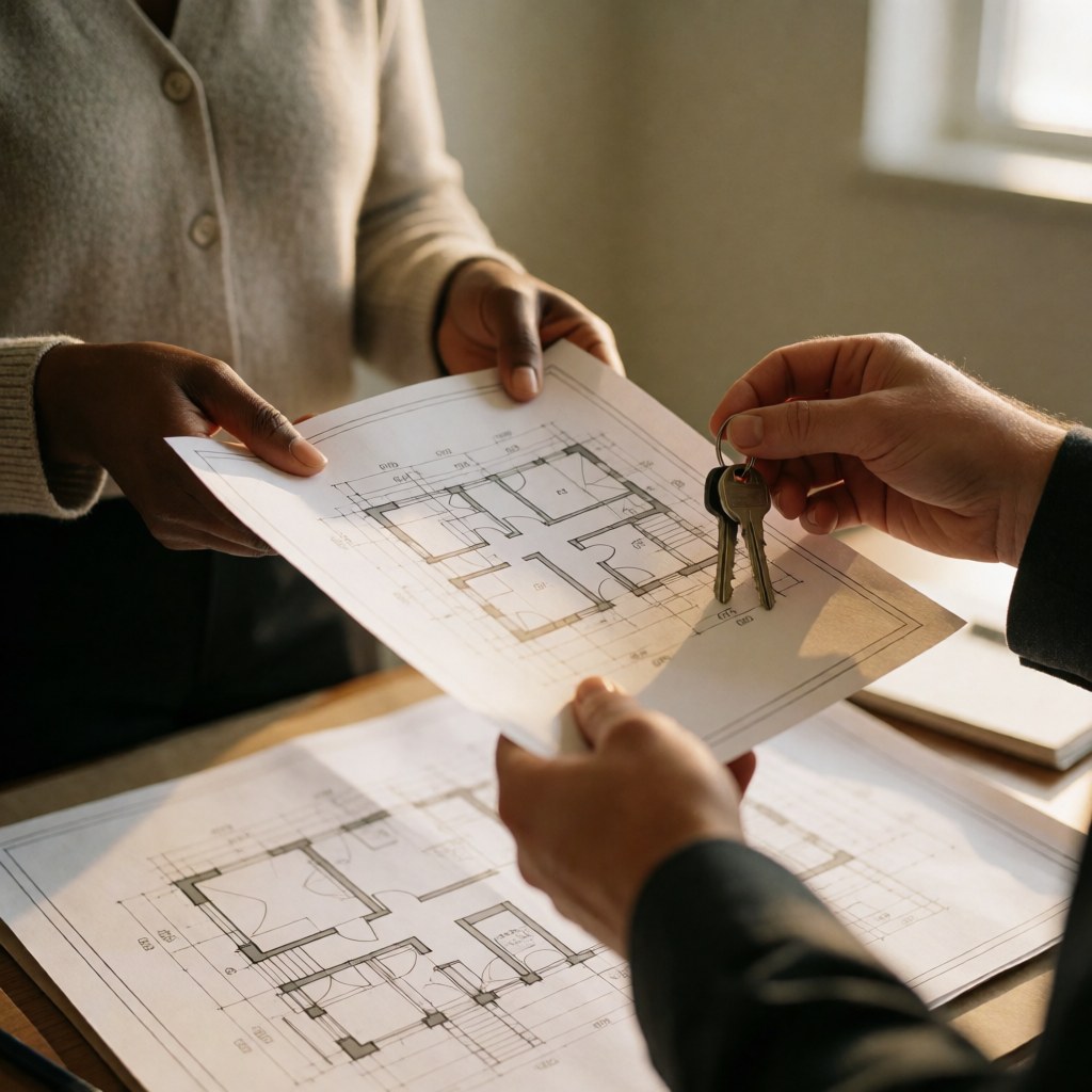 Des mains remettant des plans architecturaux et des clés, symbolisant la fin d'un projet et la satisfaction du client.