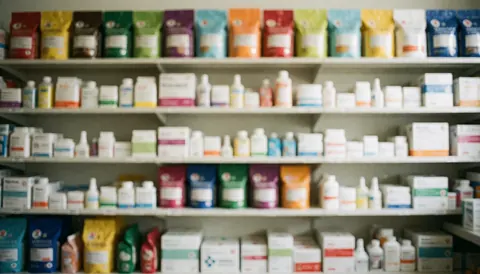 Des étagères remplies de sacs d'aliments et de médicaments pour animaux dans un cabinet vétérinaire, avec un fond flou adapté pour ajouter du texte.