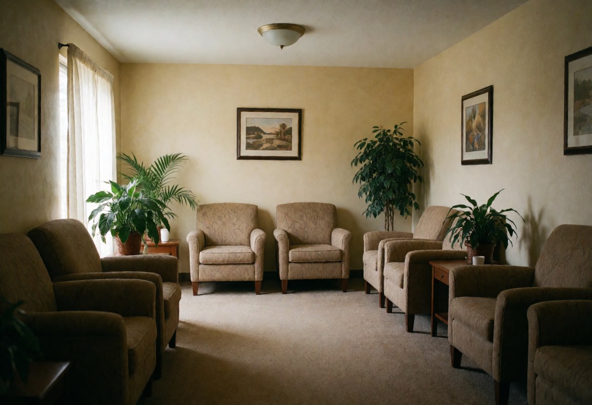Salle d'attente équipée de chaises confortables, de plantes vertes et de murs clairs, idéale pour un centre de beauté.