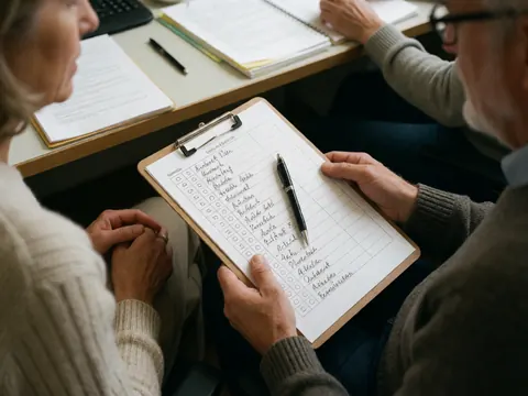 Un adulte tient une liste de contrôle de conduite avec un stylo pendant qu'une autre personne observe dans un bureau professionnel.