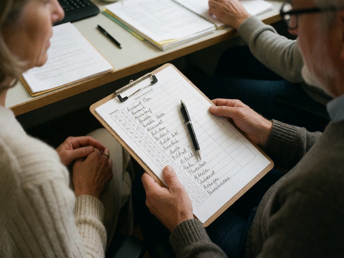 Un adulte tient une liste de contrôle de conduite avec un stylo pendant qu'une autre personne observe dans un bureau professionnel.