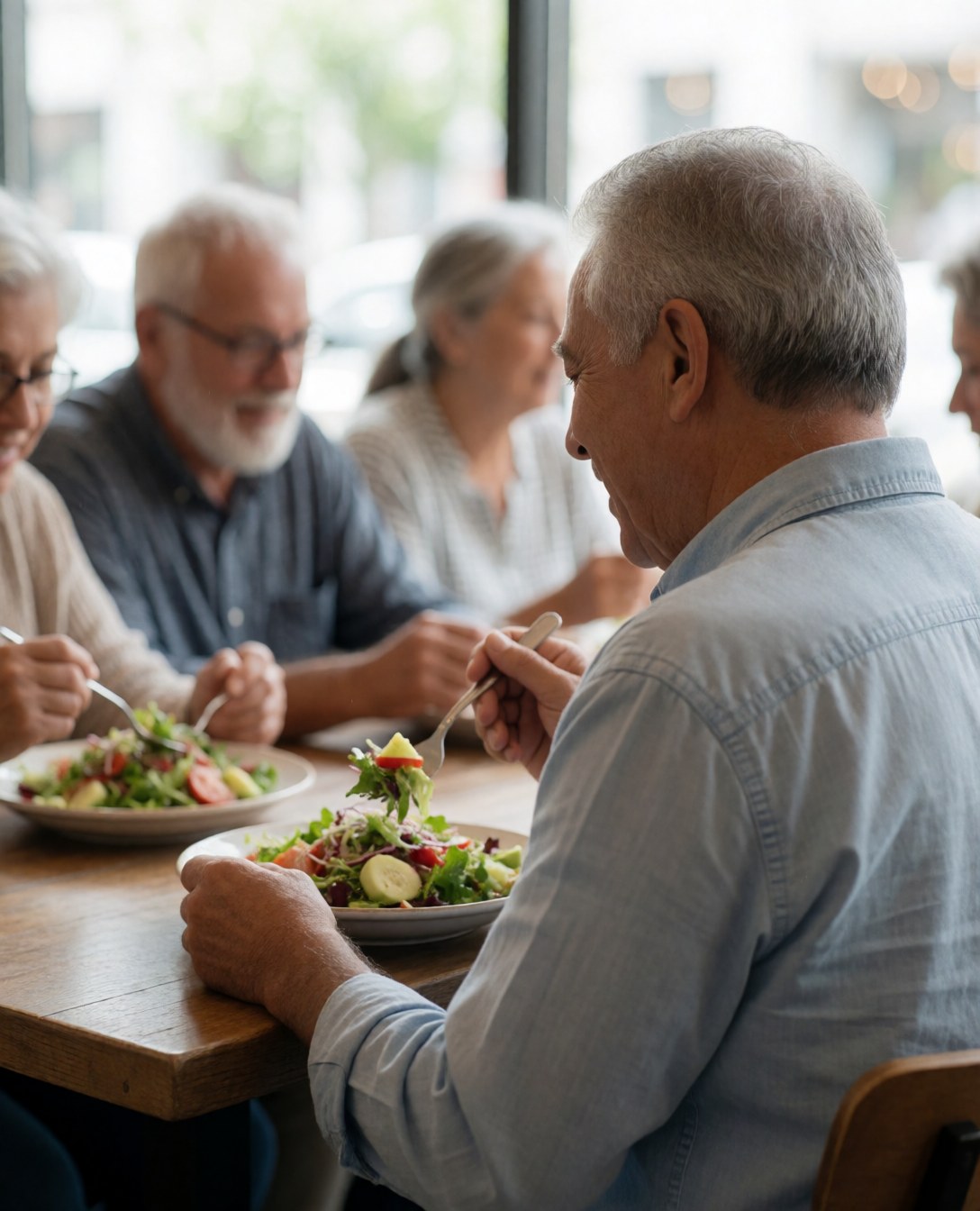 Un homme âgé sourit en mangeant une salade saine dans un café, entouré d'autres personnes âgées dans une ambiance relaxée et naturelle.