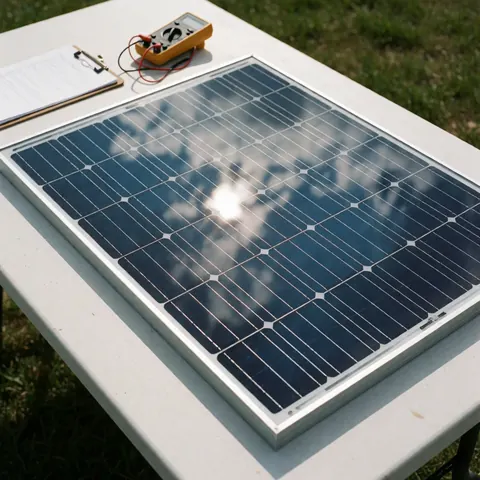 Panneau photovoltaïque posé sur une table blanche reflétant le ciel et les nuages, accompagné d'un multimètre et d'un porte-documents, scène propre et professionnelle.