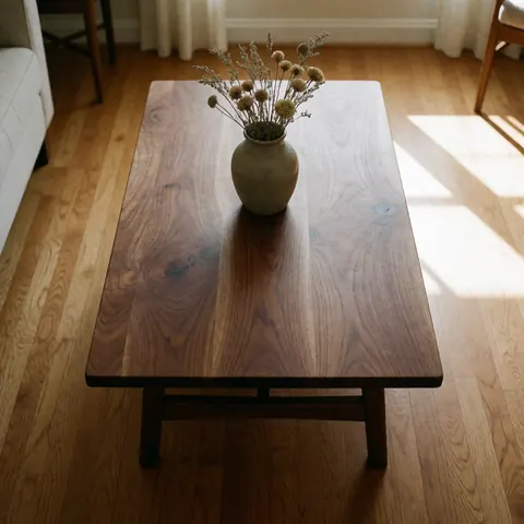 Table en bois massif aux pieds robustes posée sur un sol en bois, ornée d'un vase contenant des fleurs séchées au centre, baignée de lumière naturelle.