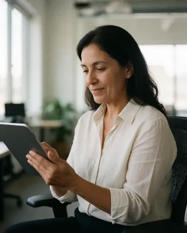 Une femme souriante examine son écran de tablette dans un bureau moderne baigné de lumière naturelle, assise sur une chaise ergonomique.