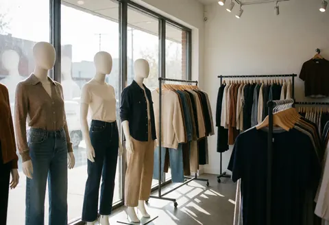 Intérieur d'une boutique de vêtements avec des mannequins habillés, lumière naturelle et cintres exposant des tenues, dans un cadre moderne et épuré.