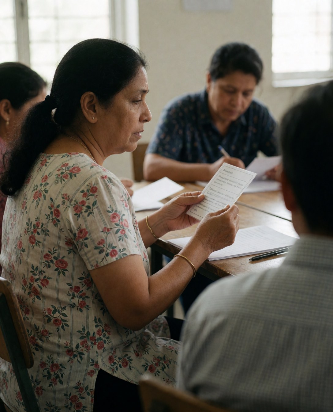Une femme adulte utilise des cartes pour s'entraîner à la prononciation lors d'un cours de langues, avec un tuteur visible en arrière-plan.
