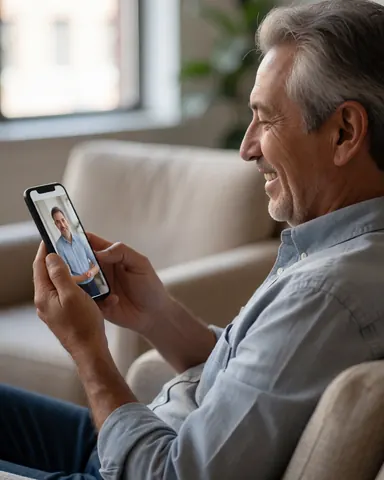 Un homme âgé sourit en regardant une photo sur son téléphone, assis sur un canapé confortable éclairé par la lumière naturelle, exprimant sa satisfaction.