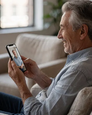 Un homme âgé sourit en regardant une photo sur son téléphone, assis sur un canapé confortable éclairé par la lumière naturelle, exprimant sa satisfaction.