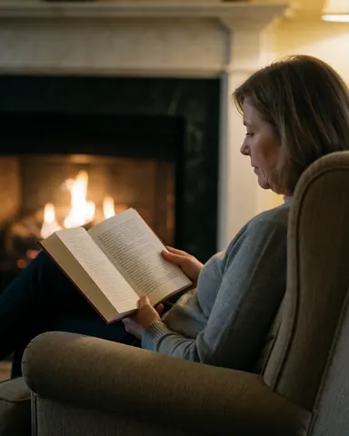 Une cliente profite de la lecture d'un livre dans un fauteuil confortable, éclairée par la lumière chaleureuse d'une cheminée allumée.