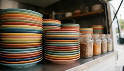 Des assiettes en céramique colorées et des bocaux d'épices disposés dans un food truck, éclairés par une lumière chaude avec un fond flou.