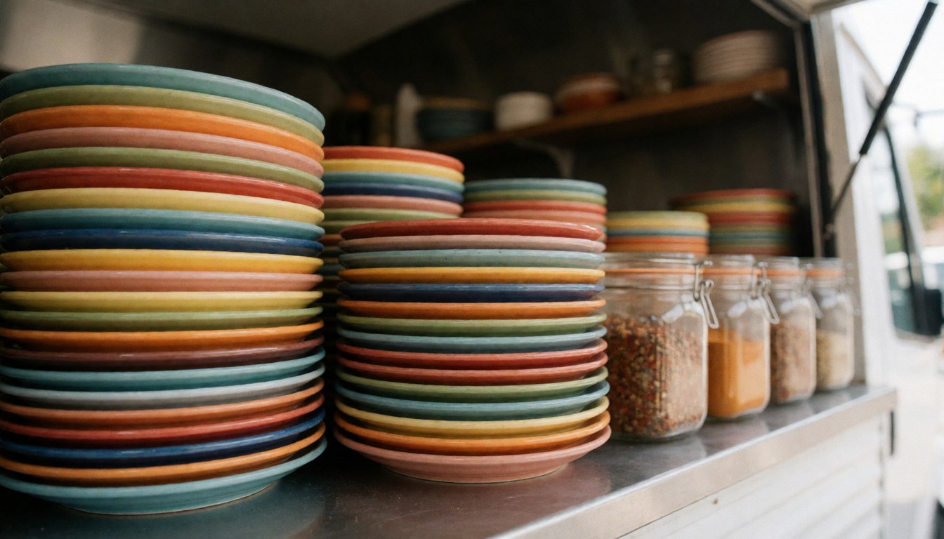 Des assiettes en céramique colorées et des bocaux d'épices disposés dans un food truck, éclairés par une lumière chaude avec un fond flou.