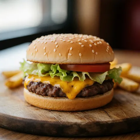 Un burger classique garni de fromage fondu, de laitue et de tomate, accompagné de frites, le tout disposé sur une planche en bois.