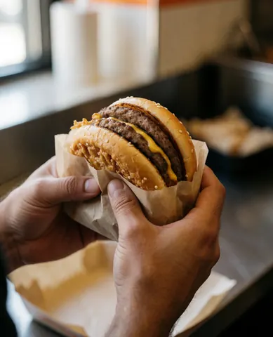 Des mains tenant un double burger au fromage enveloppé de papier cire sur un fond flou de comptoir de restaurant.