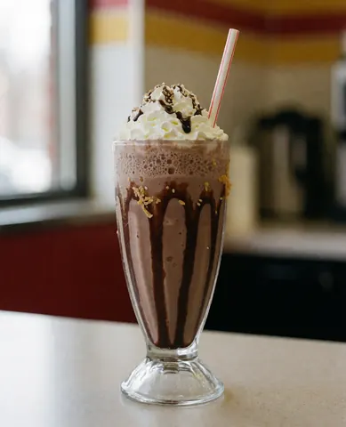 Un milkshake au chocolat servi dans un grand verre, garni de crème fouettée, de sirop de chocolat et d'une paille, posé sur une table.