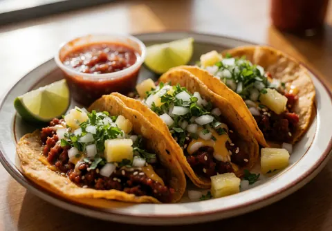 Trois tacos al pastor garnis de fromage, ananas, oignon et coriandre, accompagnés de salsa rouge et d'un quartier de citron vert sur une table en bois.