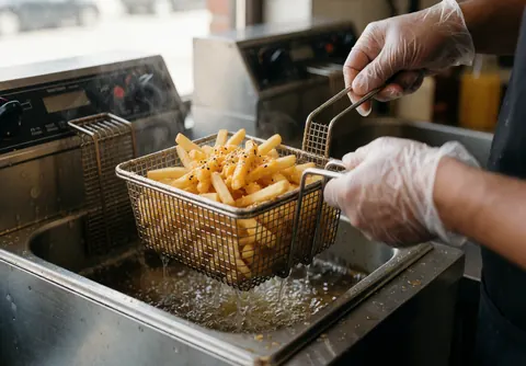 Un cuisinier portant des gants de protection retire des frites dorées d'une friteuse à huile chaude, avec des gouttes d'huile et de la vapeur qui s'échappent.