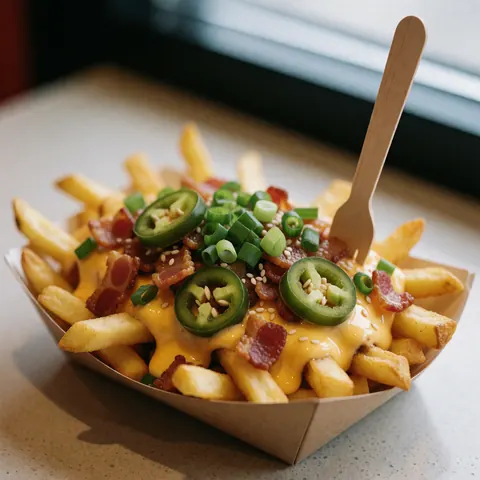 Des frites croustillantes servies dans un papier avec du fromage fondu, du bacon, des jalapenos et de l'oignon vert, prêtes à être consommées.