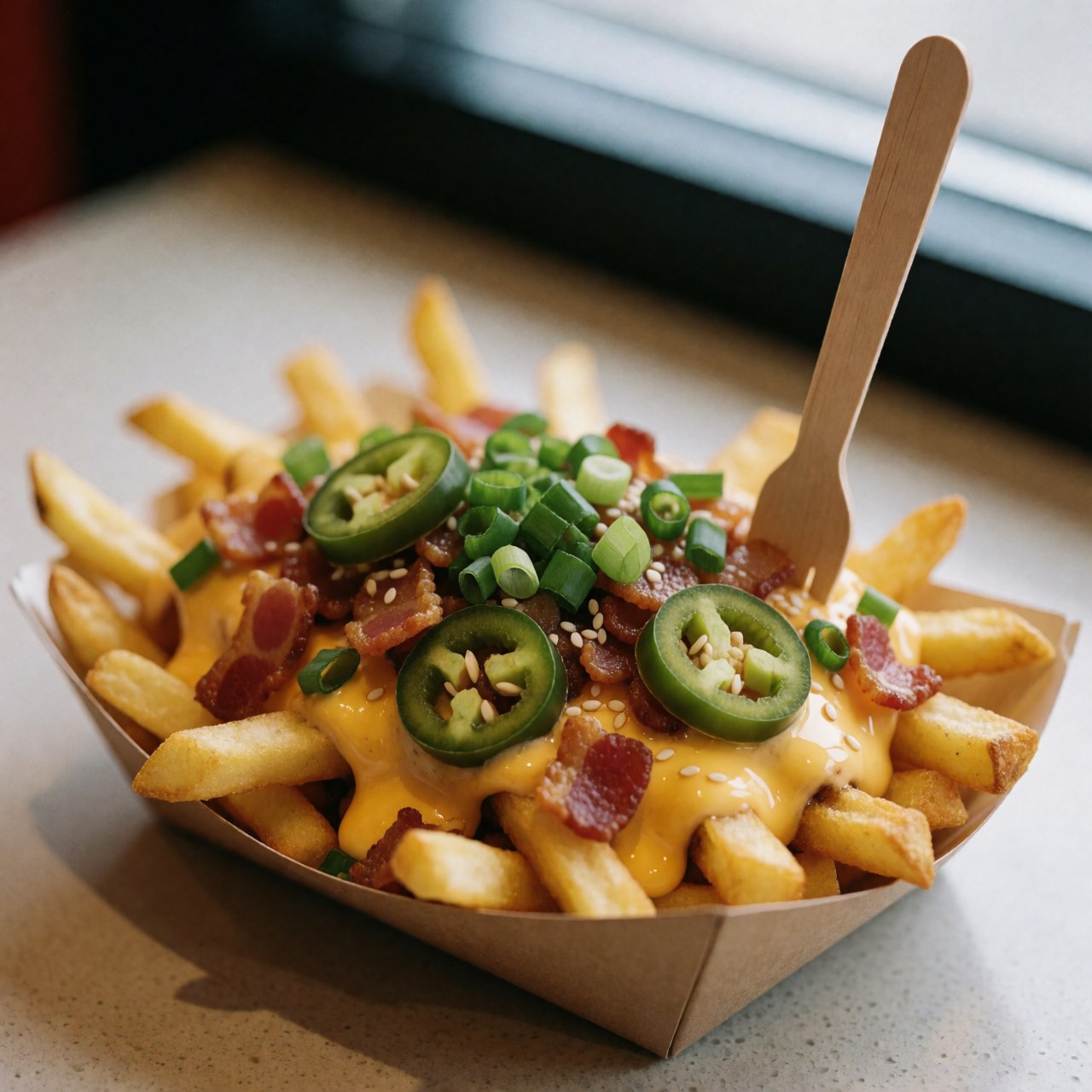 Des frites croustillantes servies dans un papier avec du fromage fondu, du bacon, des jalapenos et de l'oignon vert, prêtes à être consommées.