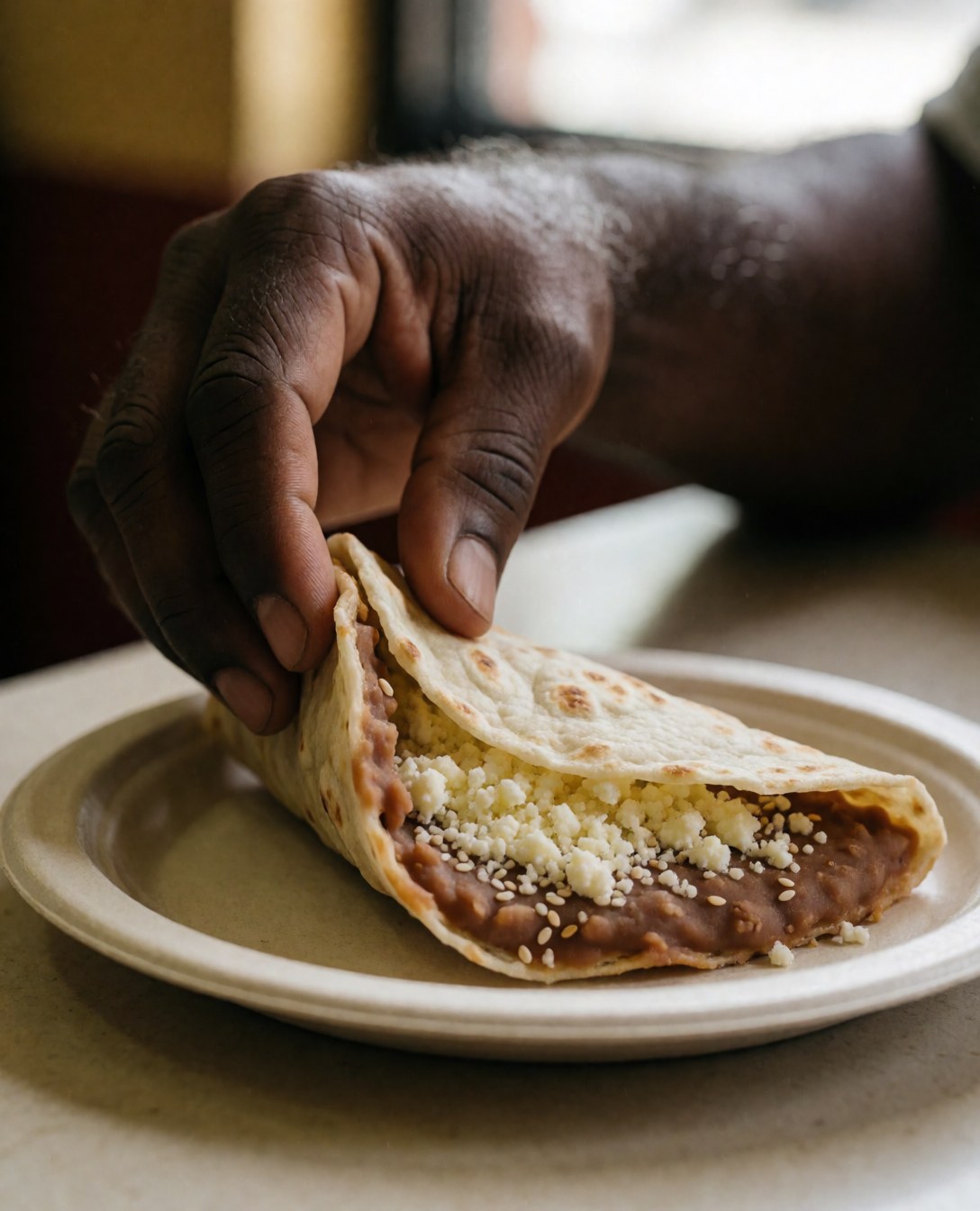 Une main saisit une baleada garnie de haricots, de fromage et de crème sur une assiette en papier dans un café.