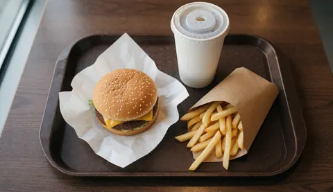 Un burger au fromage, des frites et une boisson présentés dans un plateau marron sur une table en bois éclairée par la lumière naturelle.