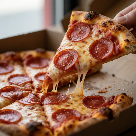 Une part de pizza pepperoni avec du fromage filant et une croûte dorée et croustillante, soulevée depuis une boîte en carton.