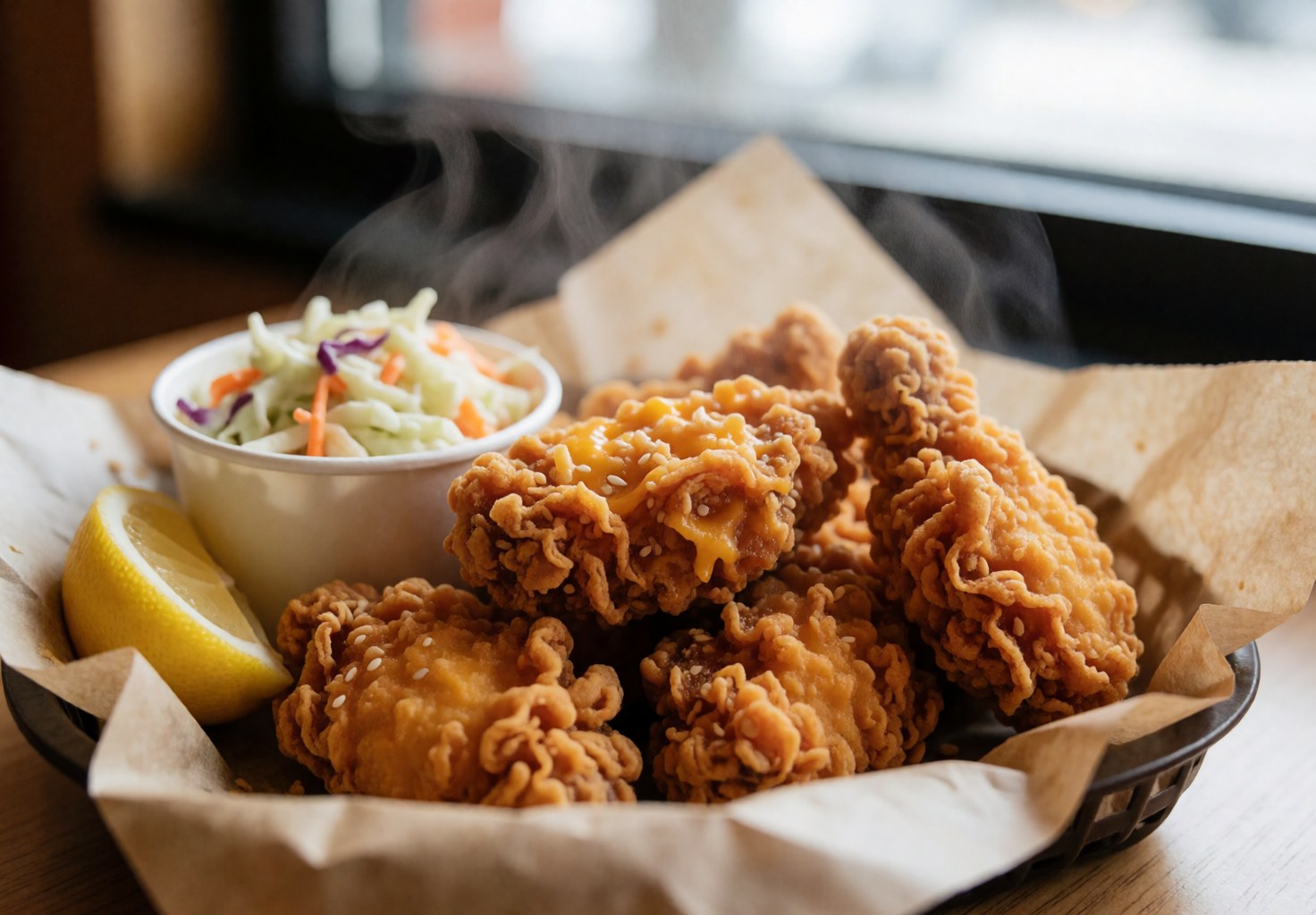 Poulet frit croustillant et doré servi dans une corbeille avec coleslaw, citron et vapeur, prêt à être consommé.