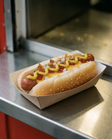 Hot-dog accompagné de moutarde, de ketchup et d'oignon posé sur du papier, sur un comptoir métallique, représentant de la restauration rapide.