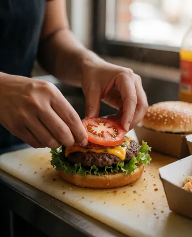 Des mains posent une tranche de tomate sur un hamburger composé de viande, de fromage et de laitue, sur une planche à découper dans une cuisine.