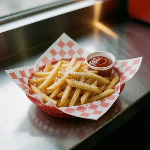 Frites croustillantes dorées avec sel marin et ketchup sur papier quadrillé rouge et blanc posées sur une table en acier inoxydable.