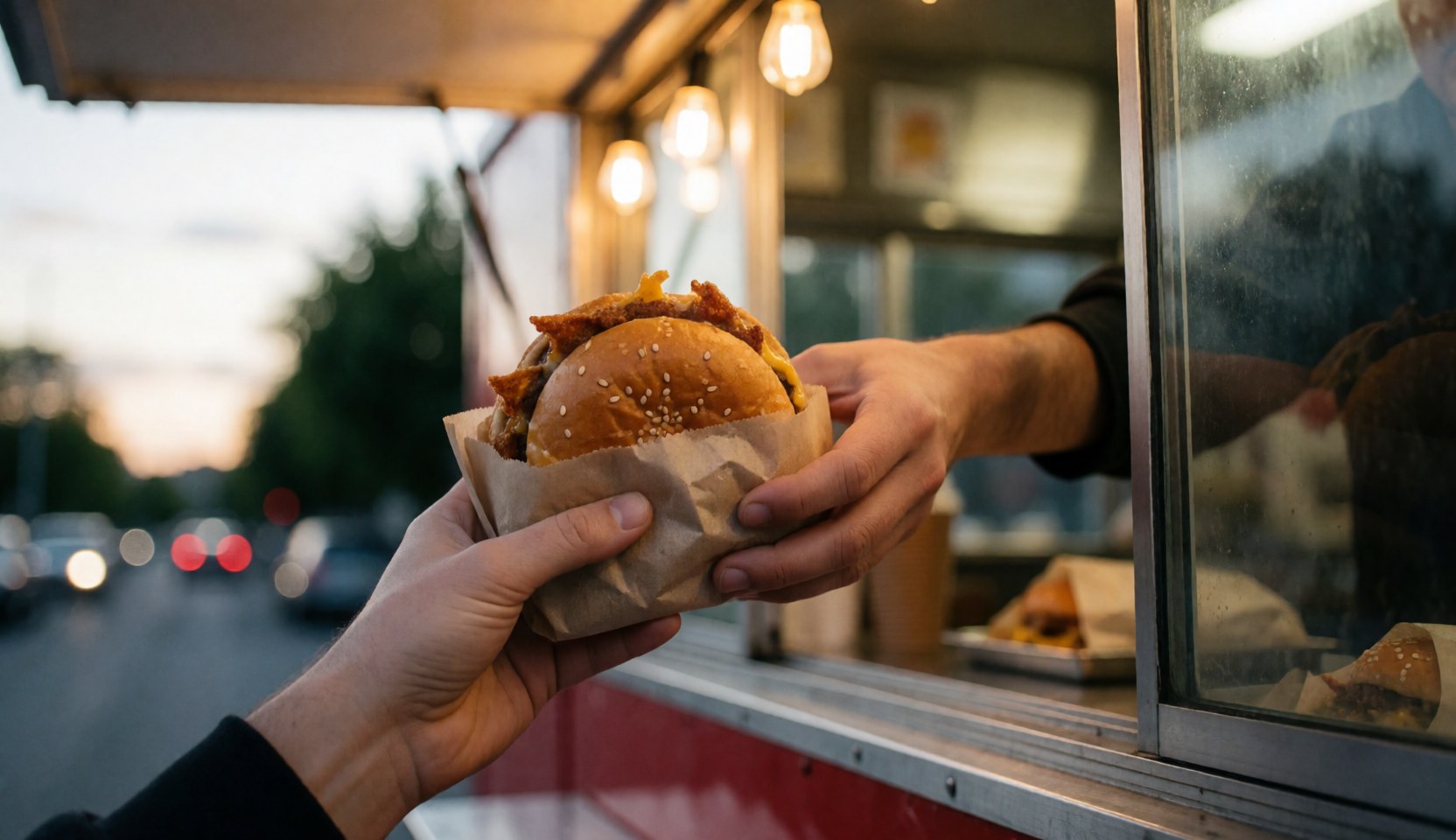 Un client reçoit un hamburger emballé dans du papier depuis un food truck, avec des lumières chaudes et un fond de rue flou au coucher du soleil.