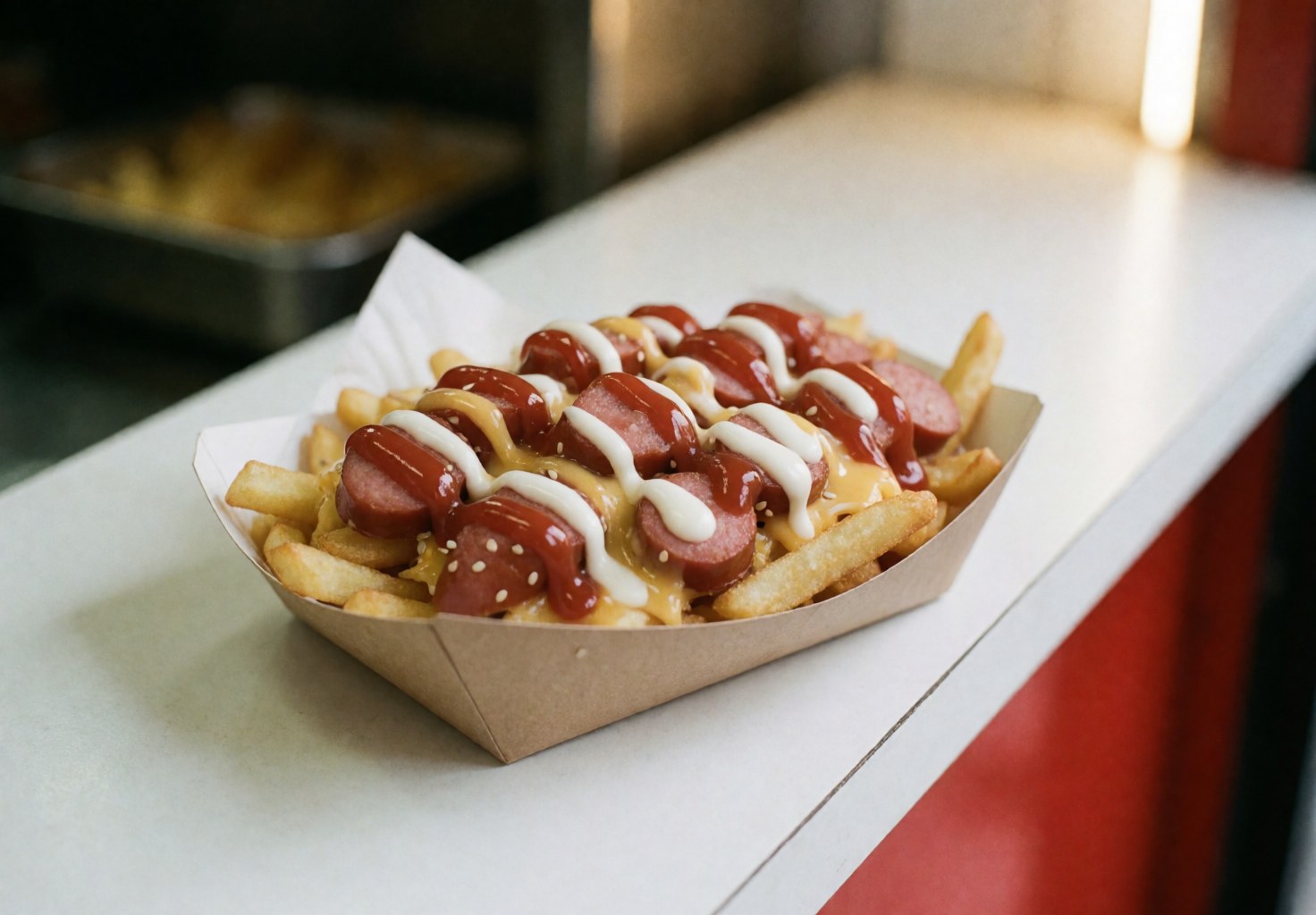 Salchipapa sur papier avec frites, saucisses, ketchup, mayonnaise et sauce jaune sur table blanche.