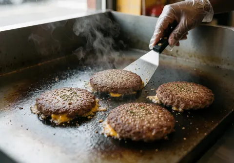 Des hamburgers au fromage cuisant sur une plancha avec de la vapeur, une main gantée en train d'appuyer sur l'un des burgers.