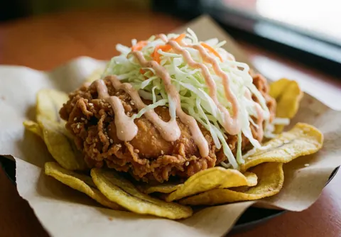 Poulet frit servi avec des tranches de banane plantain, une salade de chou et une sauce rose, le tout posé sur du papier à même une assiette noire.